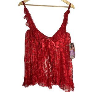 Intimate Attitudes Women's 1X Babydoll Lingerie Tank Red Lace Bow Tie Romantic‎